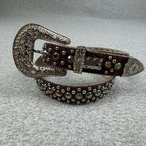 BHW Brown Leather Western Belt Womens Large Studded Iridescent Rhinestones Bling
